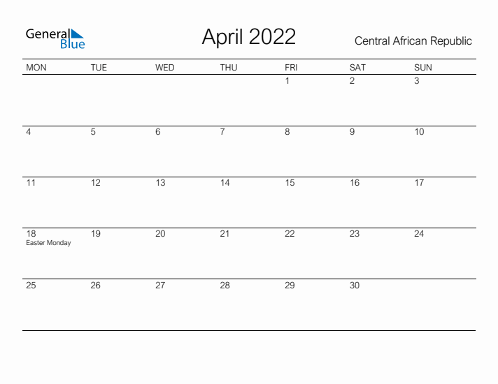 Printable April 2022 Calendar for Central African Republic