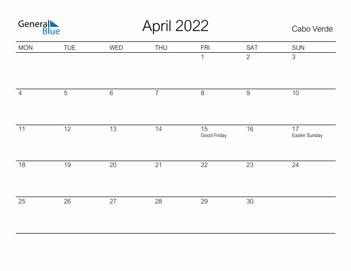 Printable April 2022 Calendar for Cabo Verde