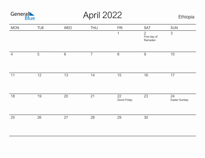 Printable April 2022 Calendar for Ethiopia