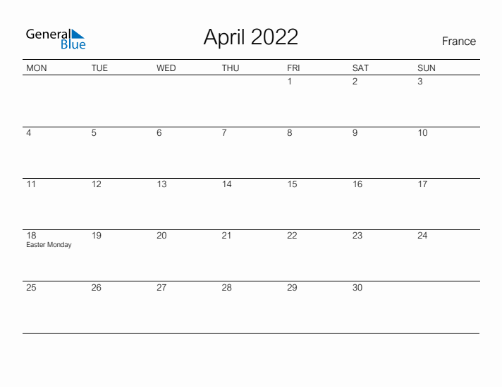 Printable April 2022 Calendar for France