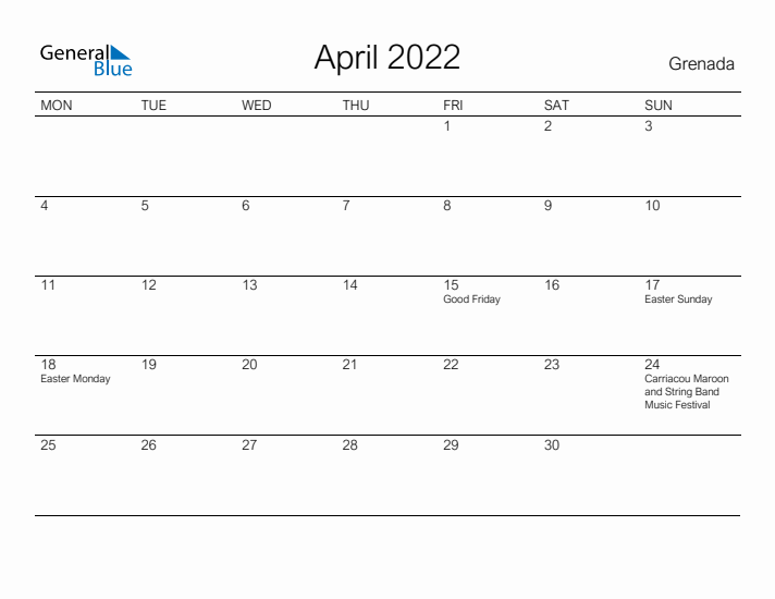 Printable April 2022 Calendar for Grenada