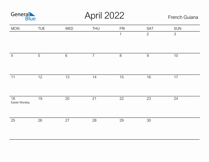 Printable April 2022 Calendar for French Guiana