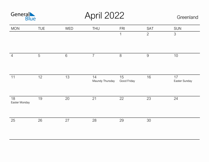 Printable April 2022 Calendar for Greenland