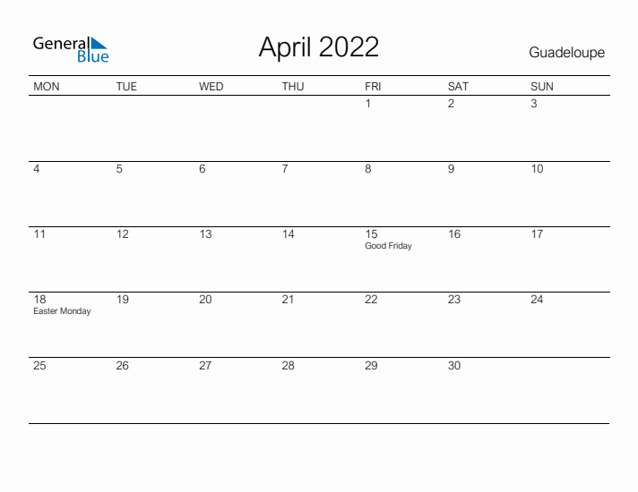 Printable April 2022 Calendar for Guadeloupe