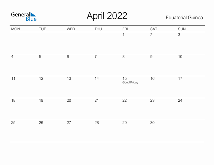 Printable April 2022 Calendar for Equatorial Guinea