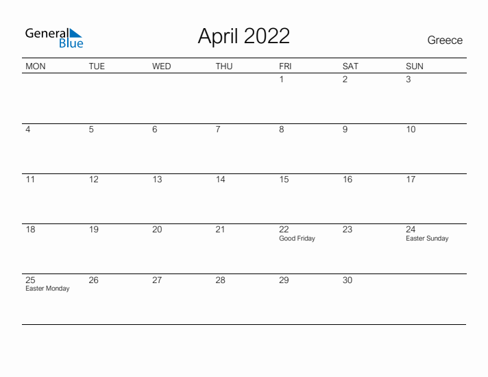 Printable April 2022 Calendar for Greece