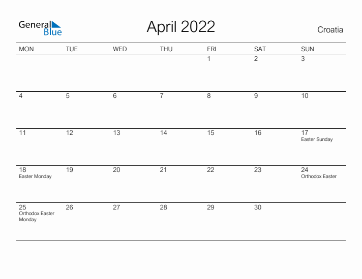 Printable April 2022 Calendar for Croatia