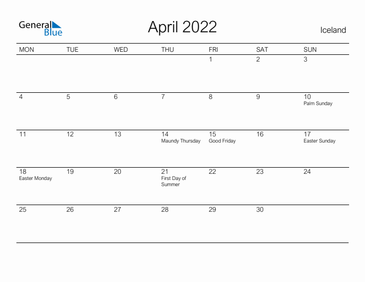 Printable April 2022 Calendar for Iceland