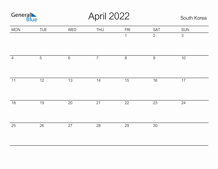 Printable April 2022 Calendar for South Korea