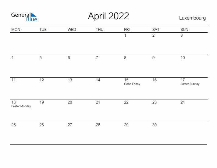 Printable April 2022 Calendar for Luxembourg
