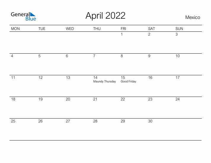 Printable April 2022 Calendar for Mexico