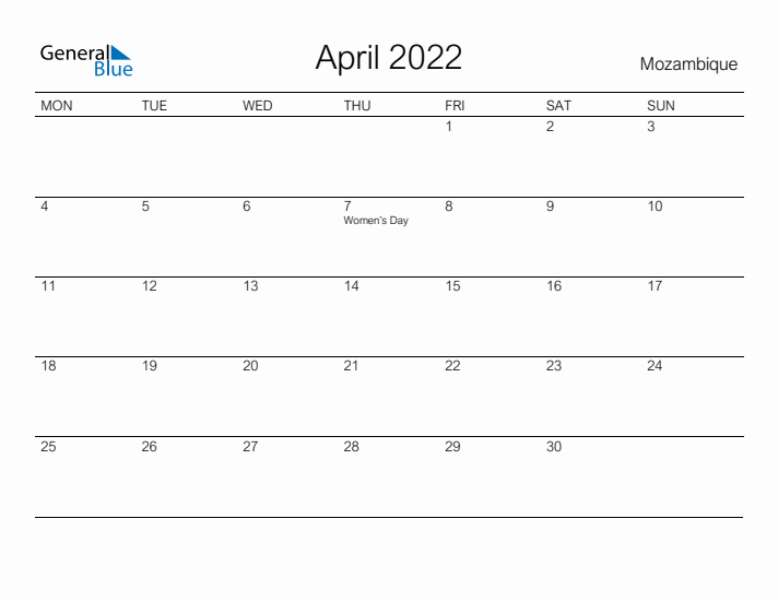 Printable April 2022 Calendar for Mozambique