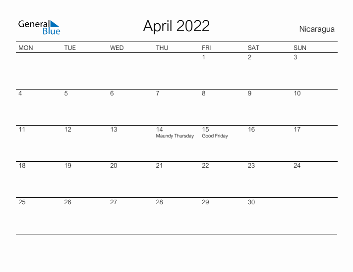 Printable April 2022 Calendar for Nicaragua