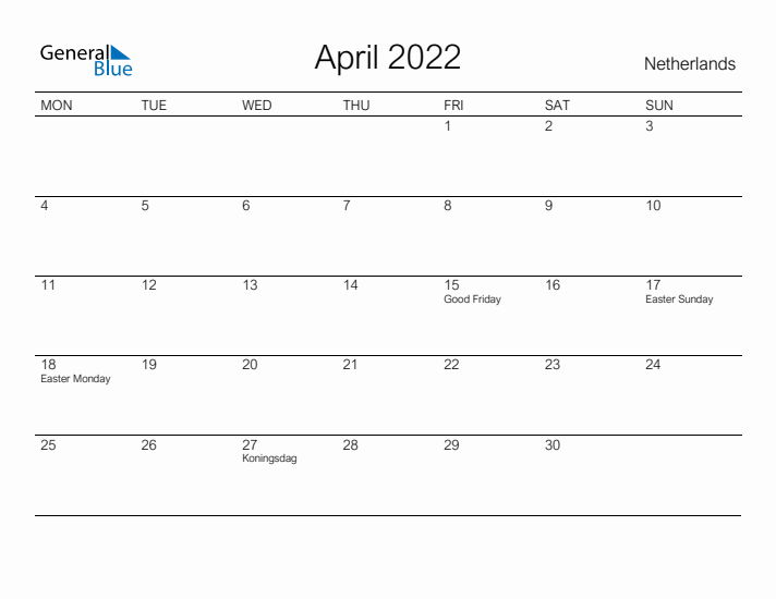 Printable April 2022 Calendar for The Netherlands