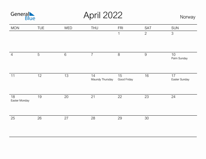 Printable April 2022 Calendar for Norway