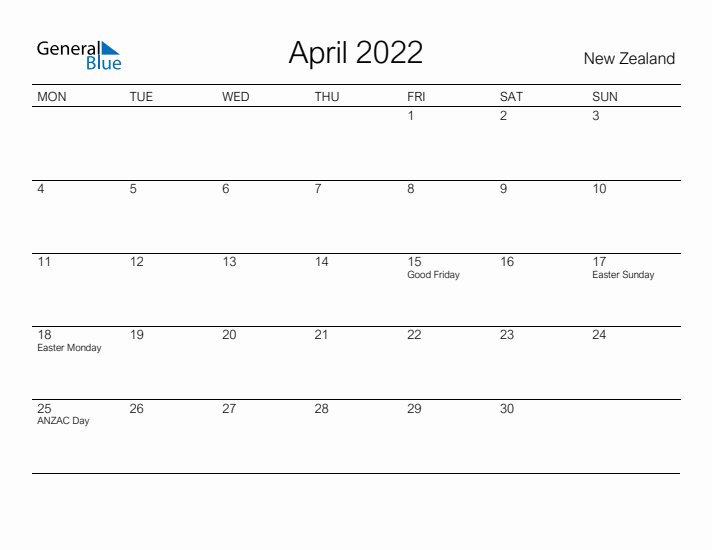 Printable April 2022 Calendar for New Zealand