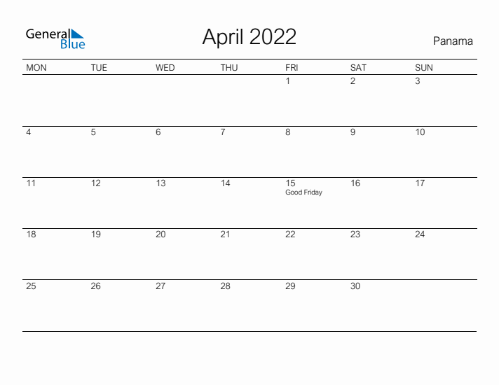 Printable April 2022 Calendar for Panama