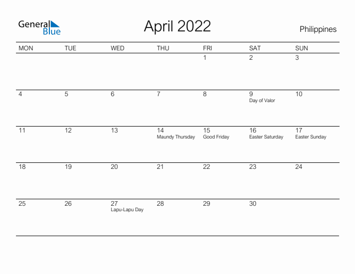 Printable April 2022 Calendar for Philippines
