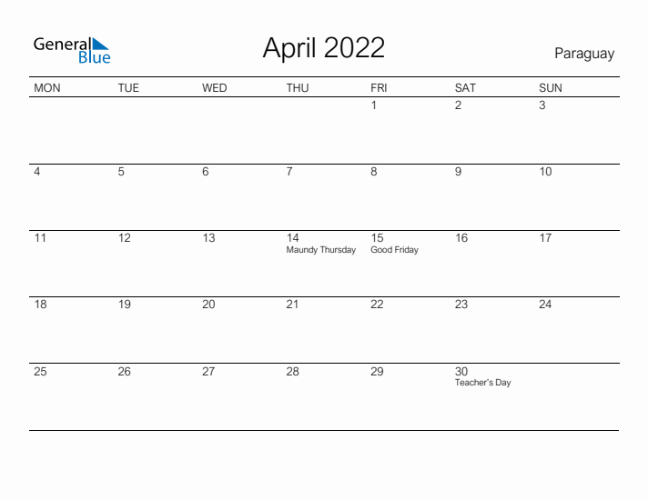 Printable April 2022 Calendar for Paraguay