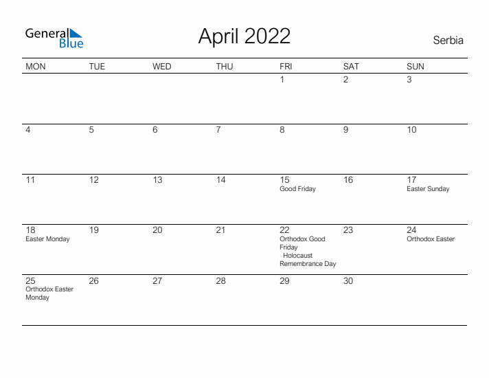 Printable April 2022 Calendar for Serbia