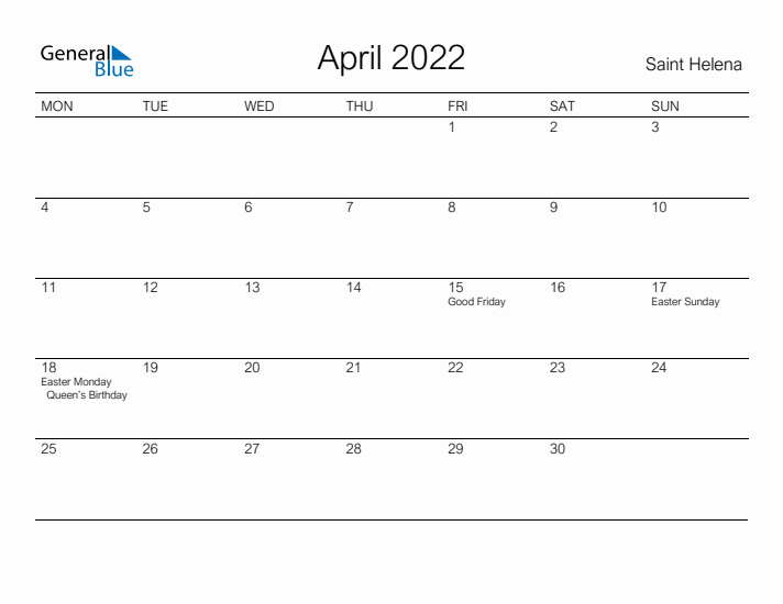 Printable April 2022 Calendar for Saint Helena