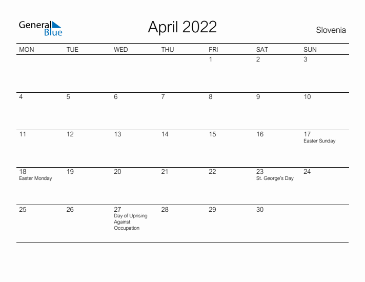 Printable April 2022 Calendar for Slovenia