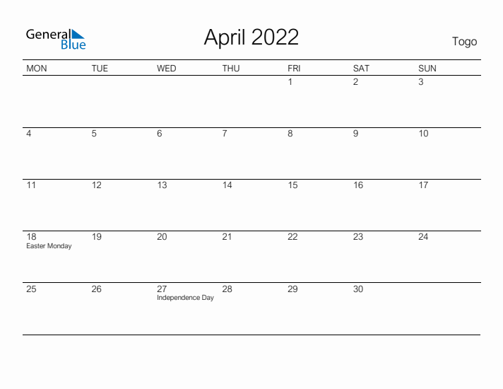 Printable April 2022 Calendar for Togo