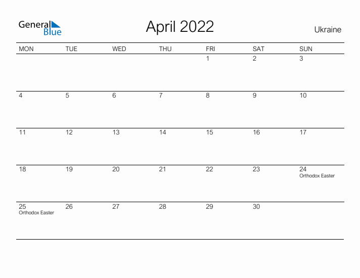 Printable April 2022 Calendar for Ukraine
