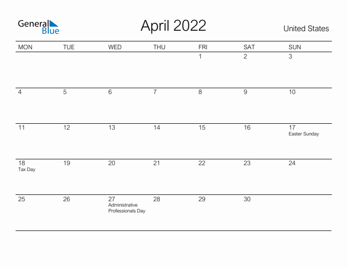 Printable April 2022 Calendar for United States