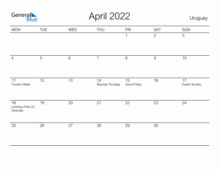 Printable April 2022 Calendar for Uruguay