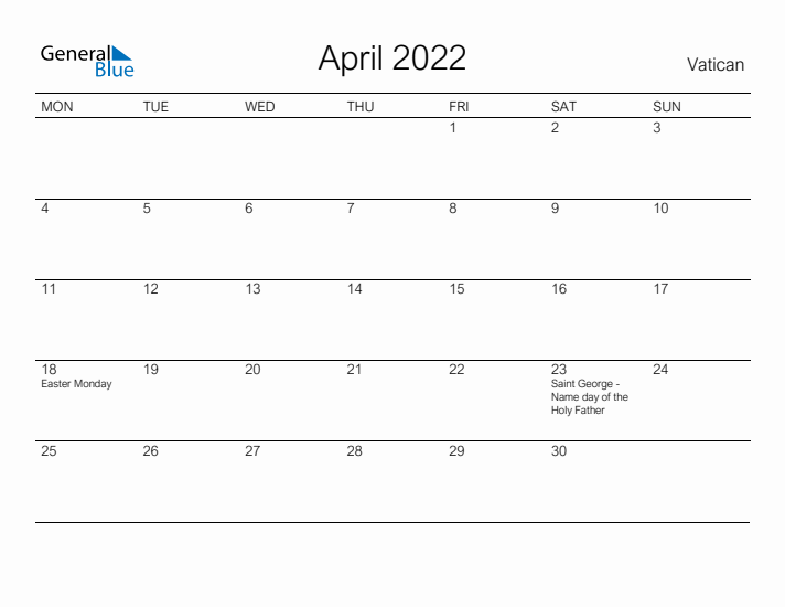 Printable April 2022 Calendar for Vatican