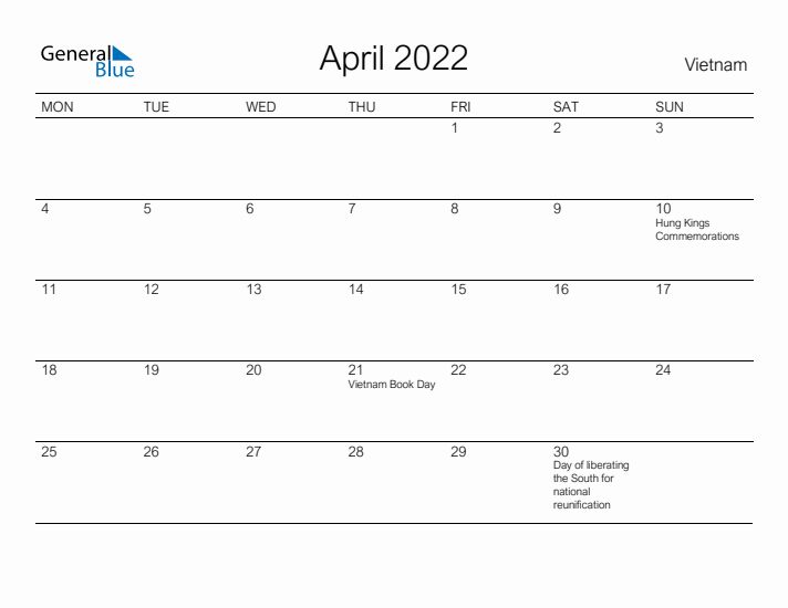 Printable April 2022 Calendar for Vietnam