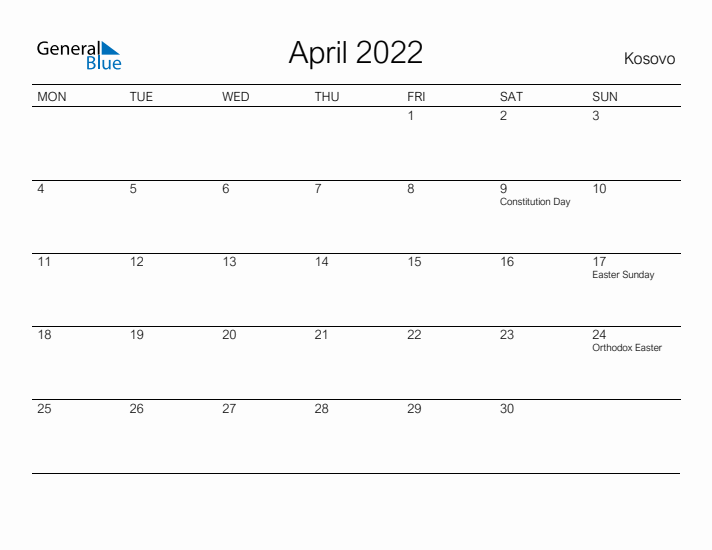 Printable April 2022 Calendar for Kosovo