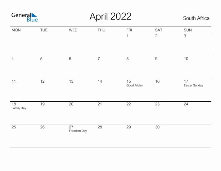 Printable April 2022 Calendar for South Africa