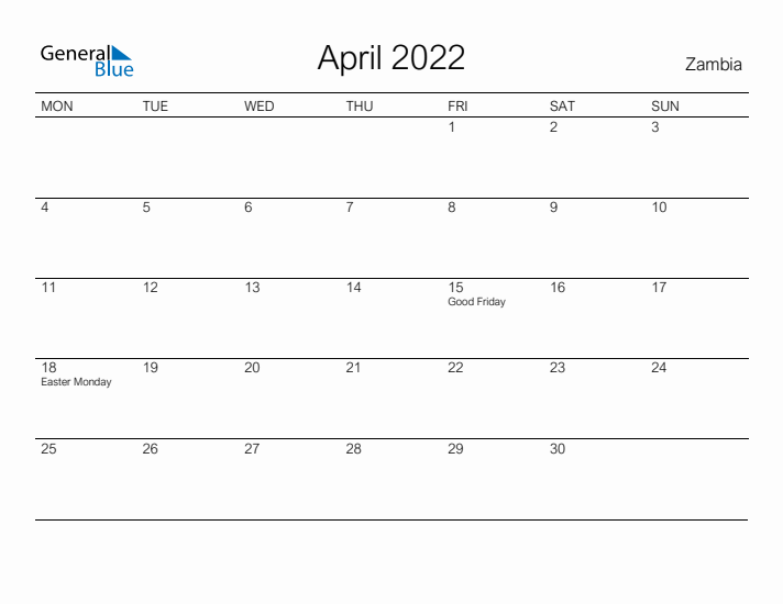 Printable April 2022 Calendar for Zambia
