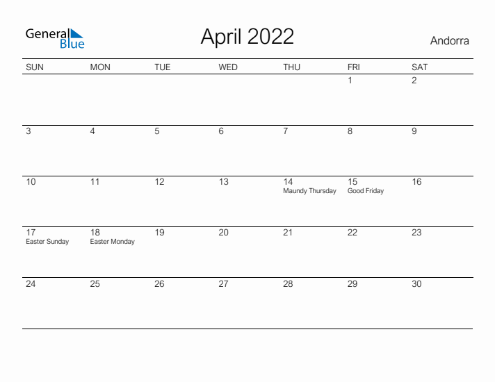 Printable April 2022 Calendar for Andorra
