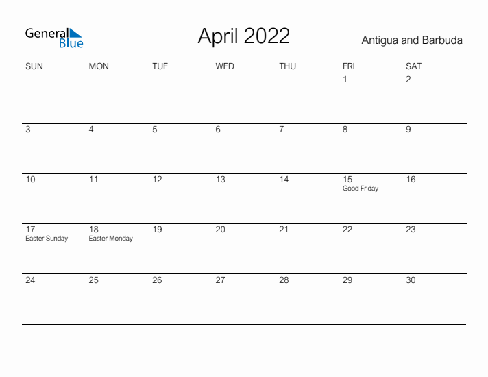 Printable April 2022 Calendar for Antigua and Barbuda