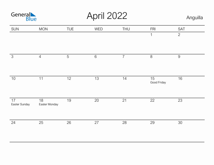 Printable April 2022 Calendar for Anguilla
