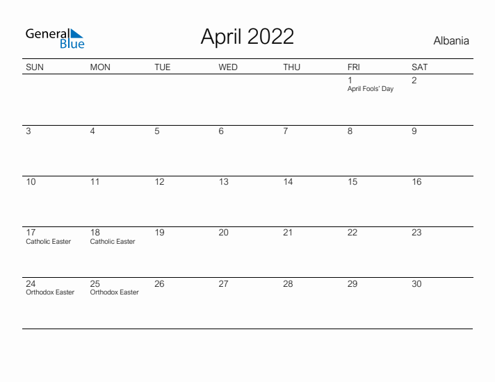Printable April 2022 Calendar for Albania