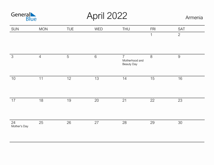 Printable April 2022 Calendar for Armenia