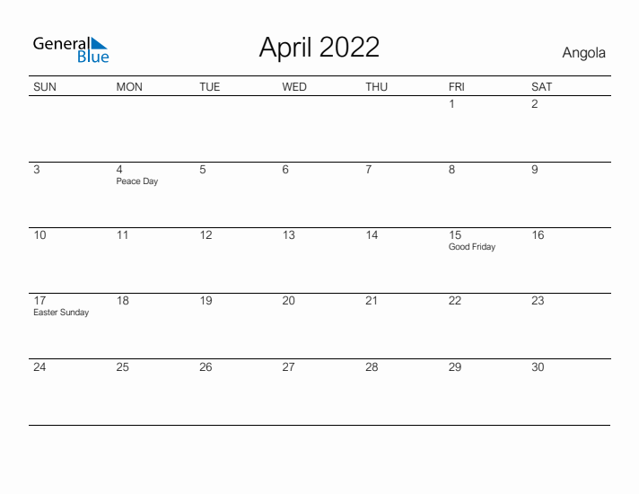 Printable April 2022 Calendar for Angola