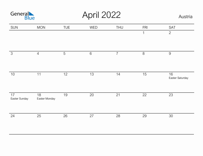 Printable April 2022 Calendar for Austria