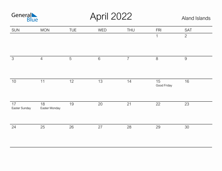 Printable April 2022 Calendar for Aland Islands
