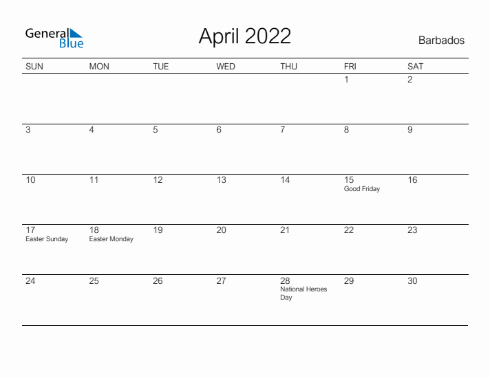 Printable April 2022 Calendar for Barbados