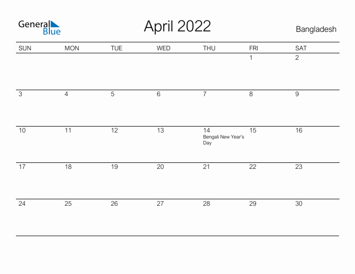 Printable April 2022 Calendar for Bangladesh