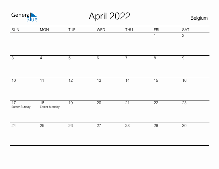 Printable April 2022 Calendar for Belgium