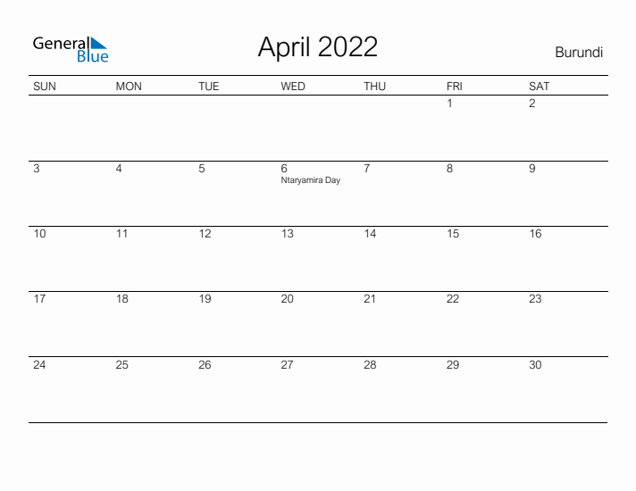 Printable April 2022 Calendar for Burundi