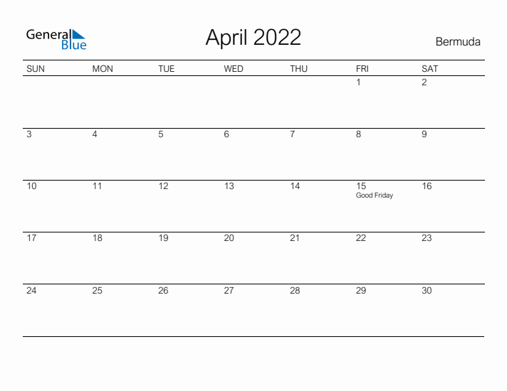 Printable April 2022 Calendar for Bermuda