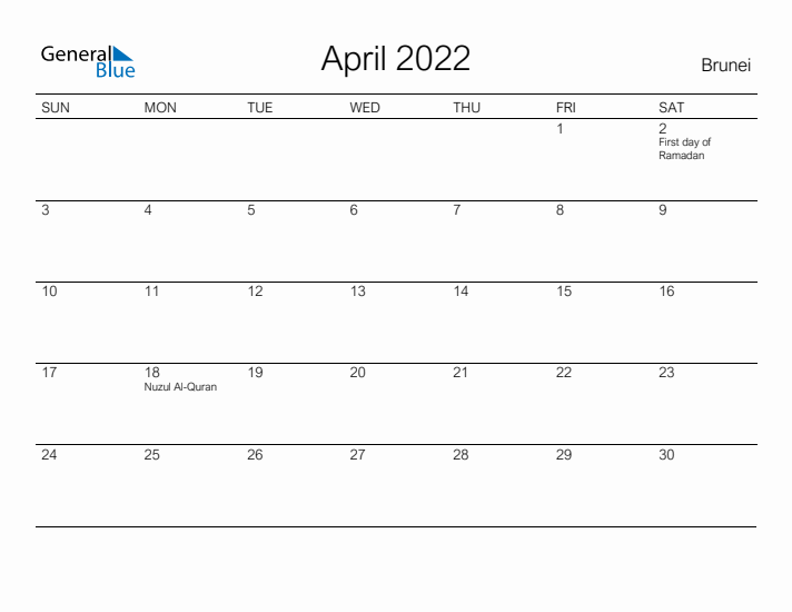 Printable April 2022 Calendar for Brunei