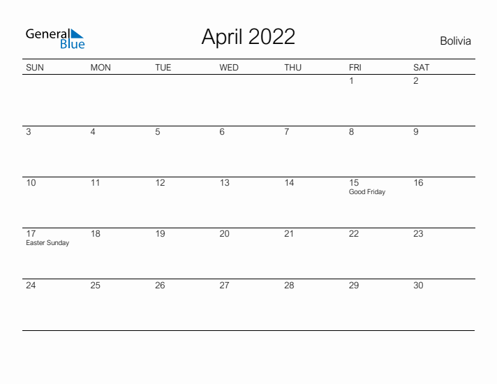 Printable April 2022 Calendar for Bolivia